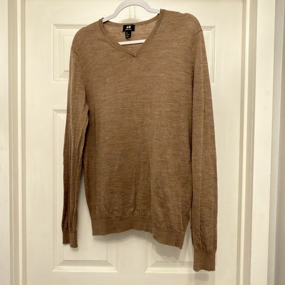 H&M 100% Merino Wool Sweater Mens L Tan V-Neck Pullover Long Sleeve